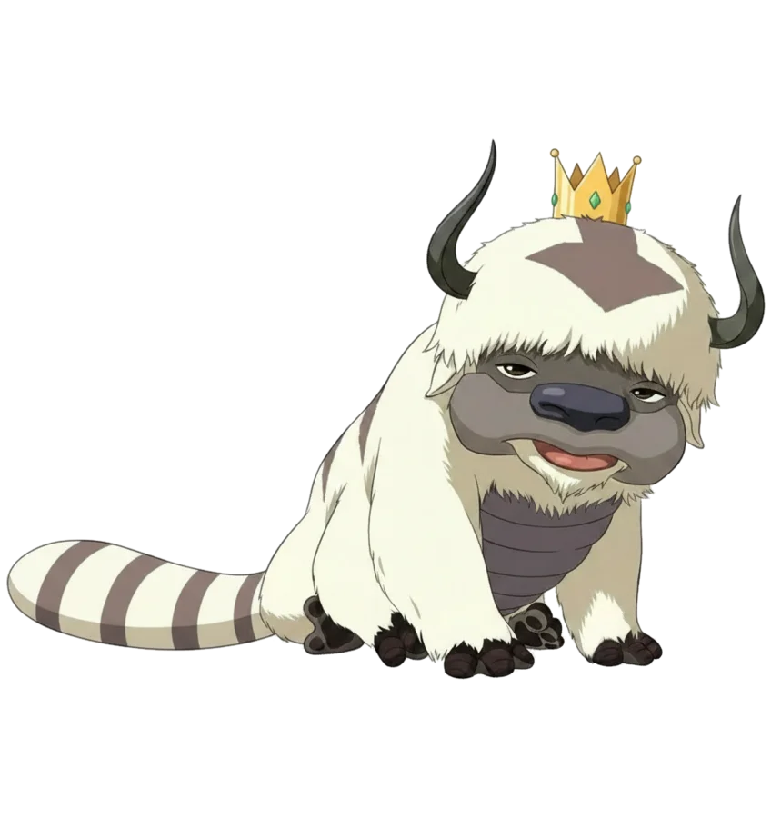 Appa wearing a gold crown, looking smug