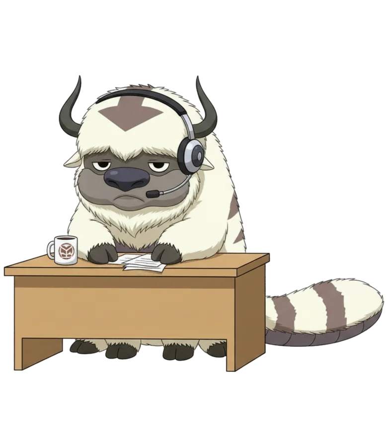 Appa at an office desk wearing a headset